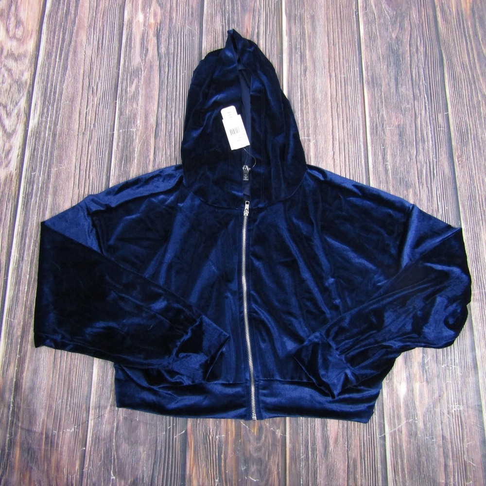 Curvy Sense Hoodie Womens 1X Navy Velour Full Zip Cropped Made in USA CS1697